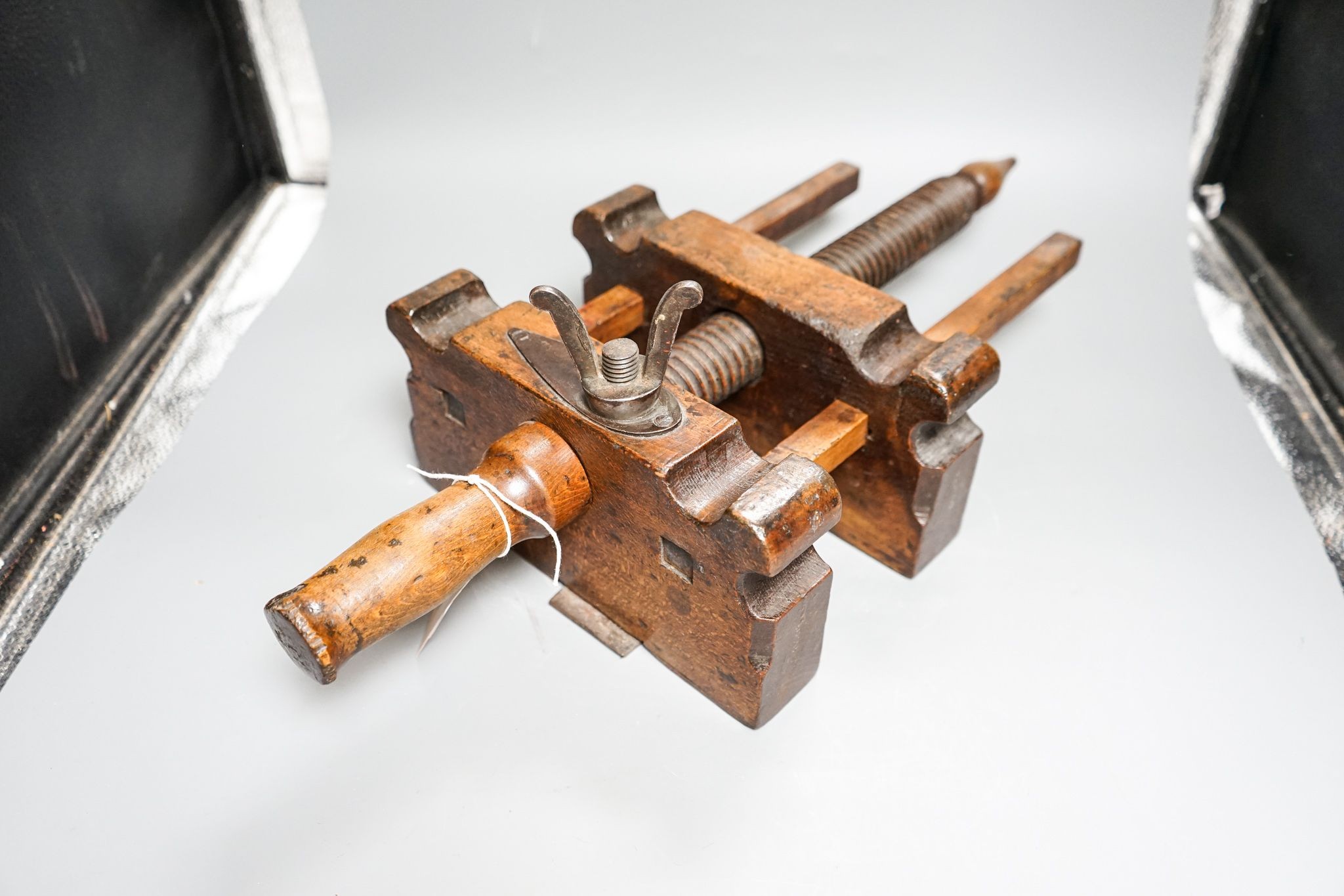 A 19th century beech weaver’s clamp, stamped Baron and Hogarth, 56cm